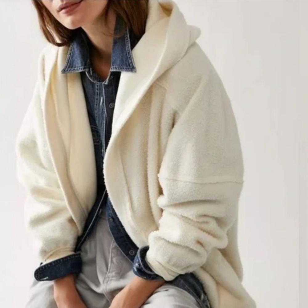 FREE PEOPLE Solid Nomad Hooded Oversized Open Front Shaket In Ivory Women's SZ S